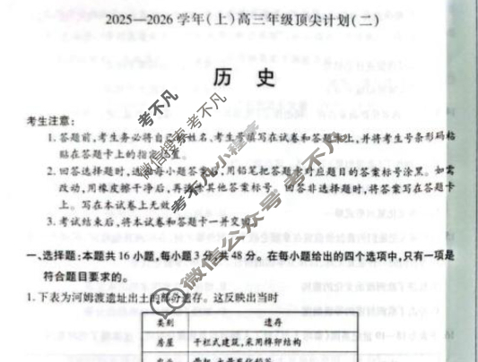 [天一大联考]2025-2026学年(上)高三年级顶尖计划(二)2历史(A卷)试题