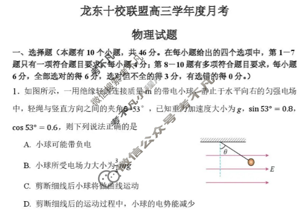 黑龙江省2026届龙东十校联盟高三学年12月月考物理试题
