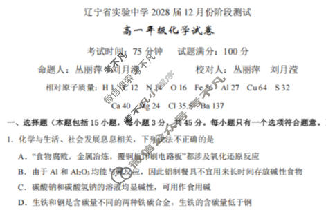 辽宁省实验中学2025-2026学年上学期高一12月阶段测试化学试题