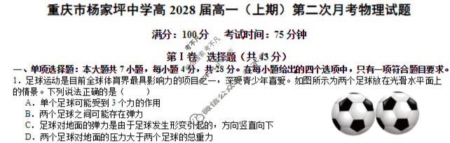 重庆市杨家坪中学2025-2026学年高一(上)第二次月考物理试题