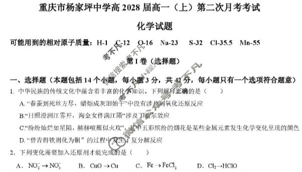 重庆市杨家坪中学2025-2026学年高一(上)第二次月考化学试题
