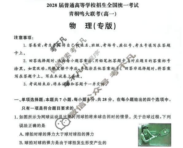 [青桐鸣]2028届普通高等学校招生全国统一考试 青桐鸣联考(高一)(12月)物理(专版)试题