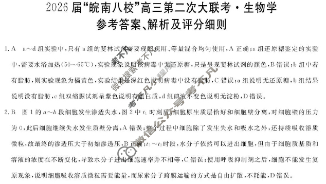 2026届“皖南八校”高三第二次联考(12月)生物W答案