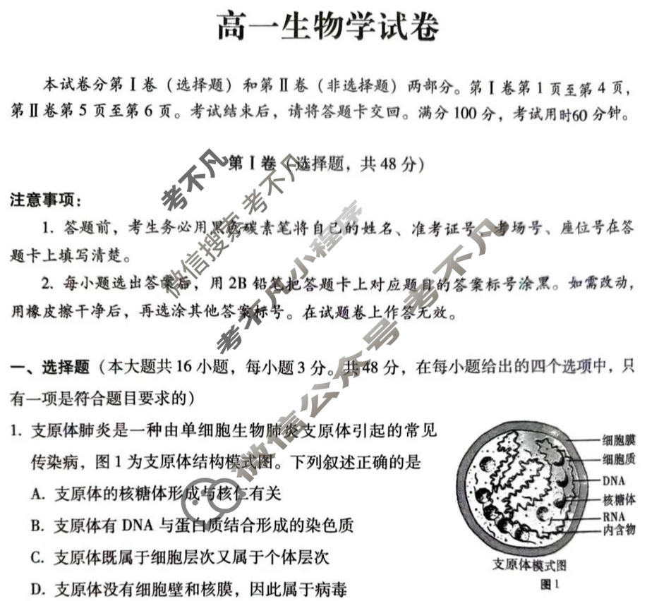 贵阳一中2025级高一年级教学质量监测卷(二)生物试题