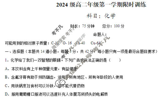 长沙市2024级高二年级第一学期限时训练化学试题