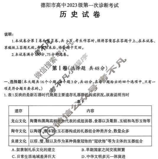 德阳市高中2023级第一次诊断考试(德阳一诊)历史试题