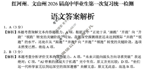 红河州文山州2026届高中毕业生第一次复习统一检测语文答案