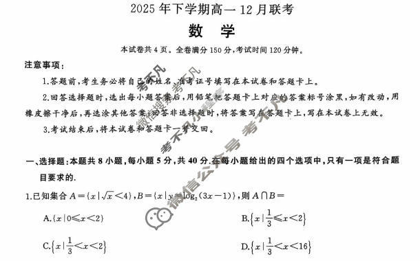 [湖南省天壹]2025年下学期高一12月联考数学试题