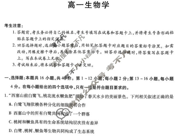 [天一大联考]广西2025-2026学年高一12月联考生物Y试题