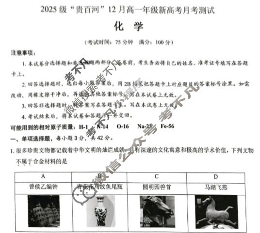 2025级"贵百河"12月高一年级新高考月考测试化学试题