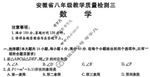 安徽省金太阳2025-2026学年八年级教学质量检测三数学试题