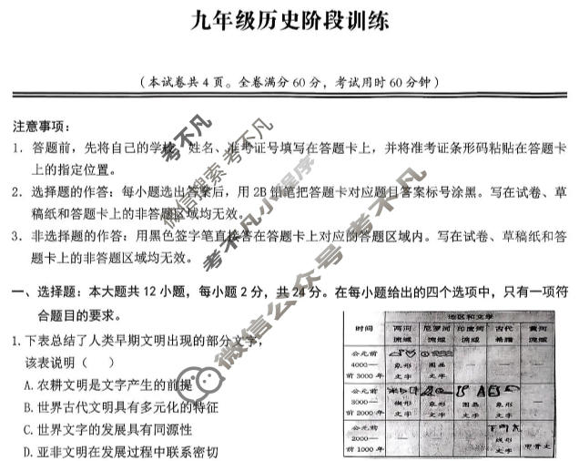 孝感市2025-2026学年上学期八校九年级阶段性训练历史试题