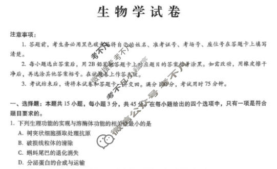 巴蜀中学2026届高三12月月考(黑黑黑白白黑黑白)生物试题