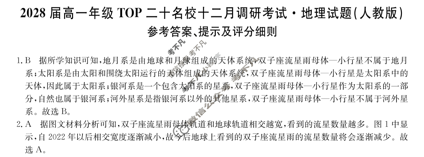 河南省2028届高一年级上学期TOP二十名校十二月调研考试(26-X-335A)地理(人教版)答案