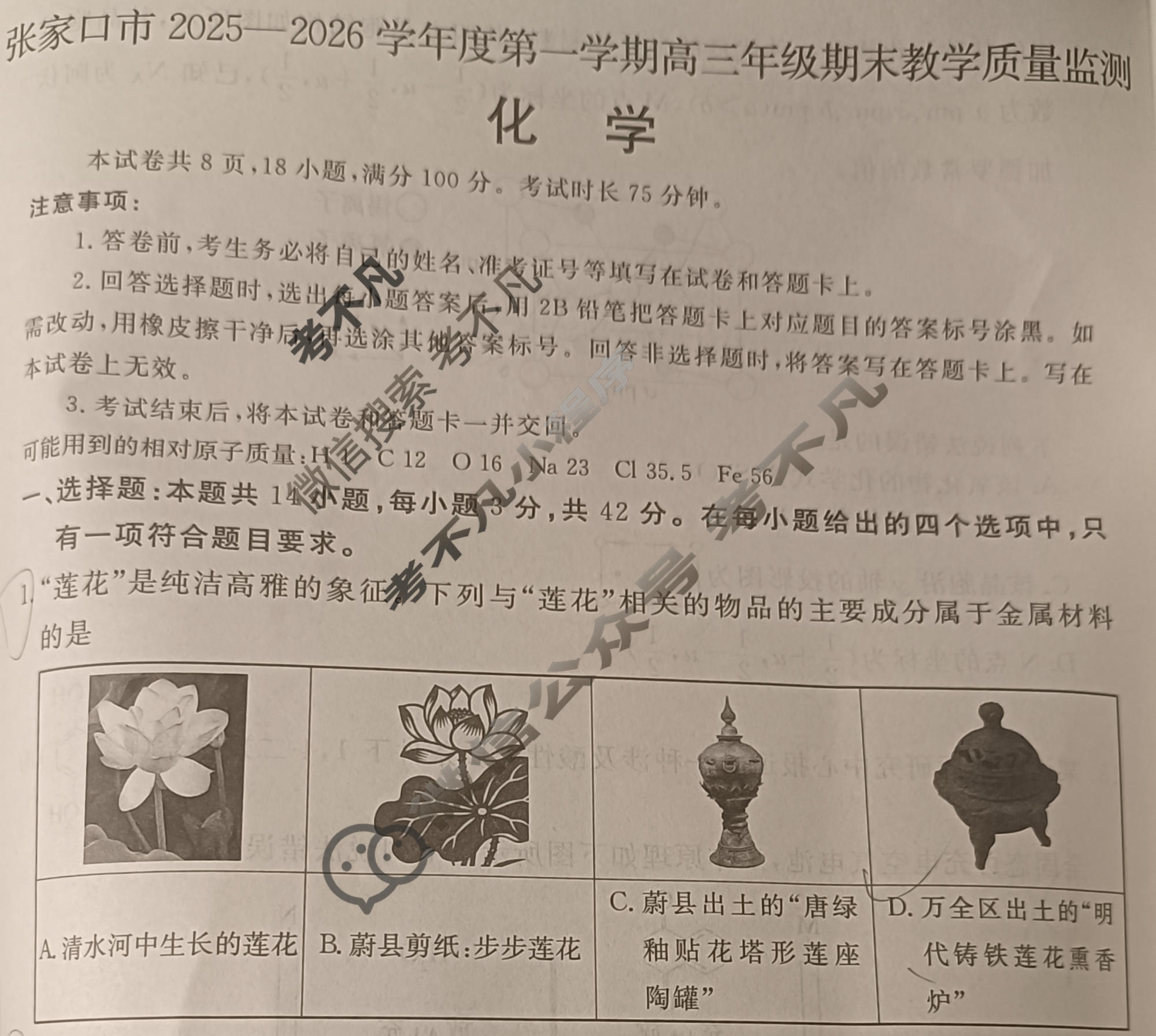 张家口市2025~2026学年度第一学期高三年级期末教学质量监测化学试题