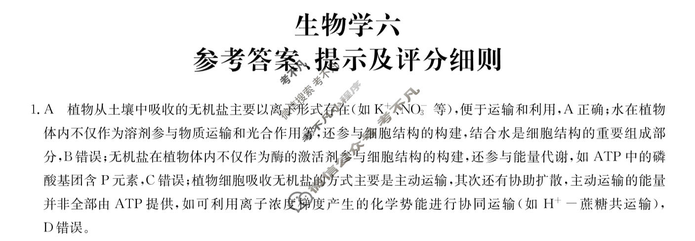 [全国名校大联考]2025~2026学年高三第六次联考(月考)试卷生物A2答案