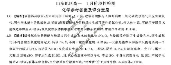 [百师联盟]2025-2026学年山东地区高一1月阶段性检测化学(百L)答案