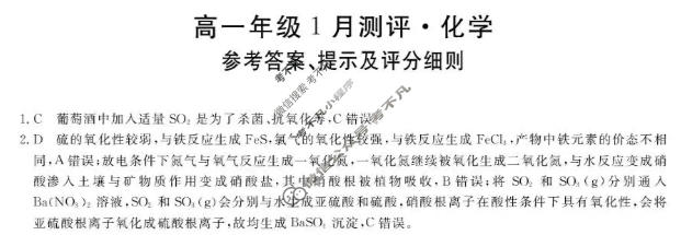 河南省新未来2025-2026学年高一1月测评(6282A)化学答案