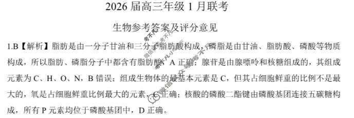 [百师联盟]2026届高三年级1月联考(1.21)生物(百N)答案