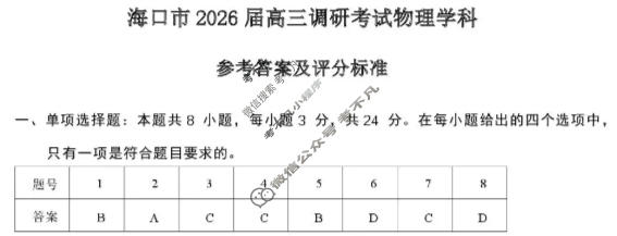 海口市2026届高三年级调研考试物理答案