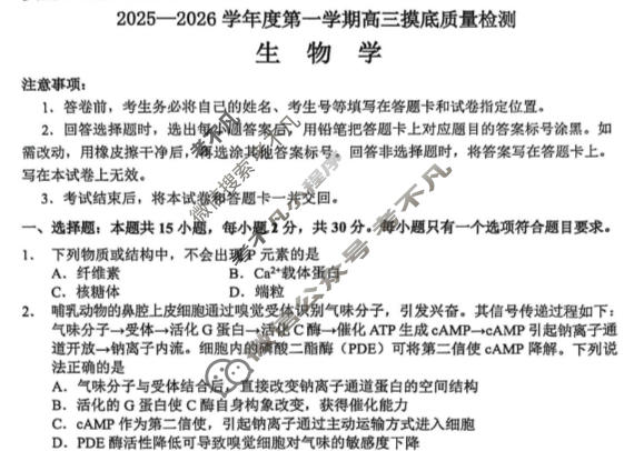 淄博市2025-2026学年度第一学期高三摸底质量检测(1月)生物试题