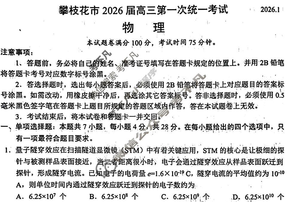 攀枝花市2026届高三第一次统一考试(2026.1)物理试题