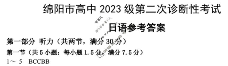 2026届绵阳市高中2023级第二次诊断性考试[绵阳二诊]日语答案