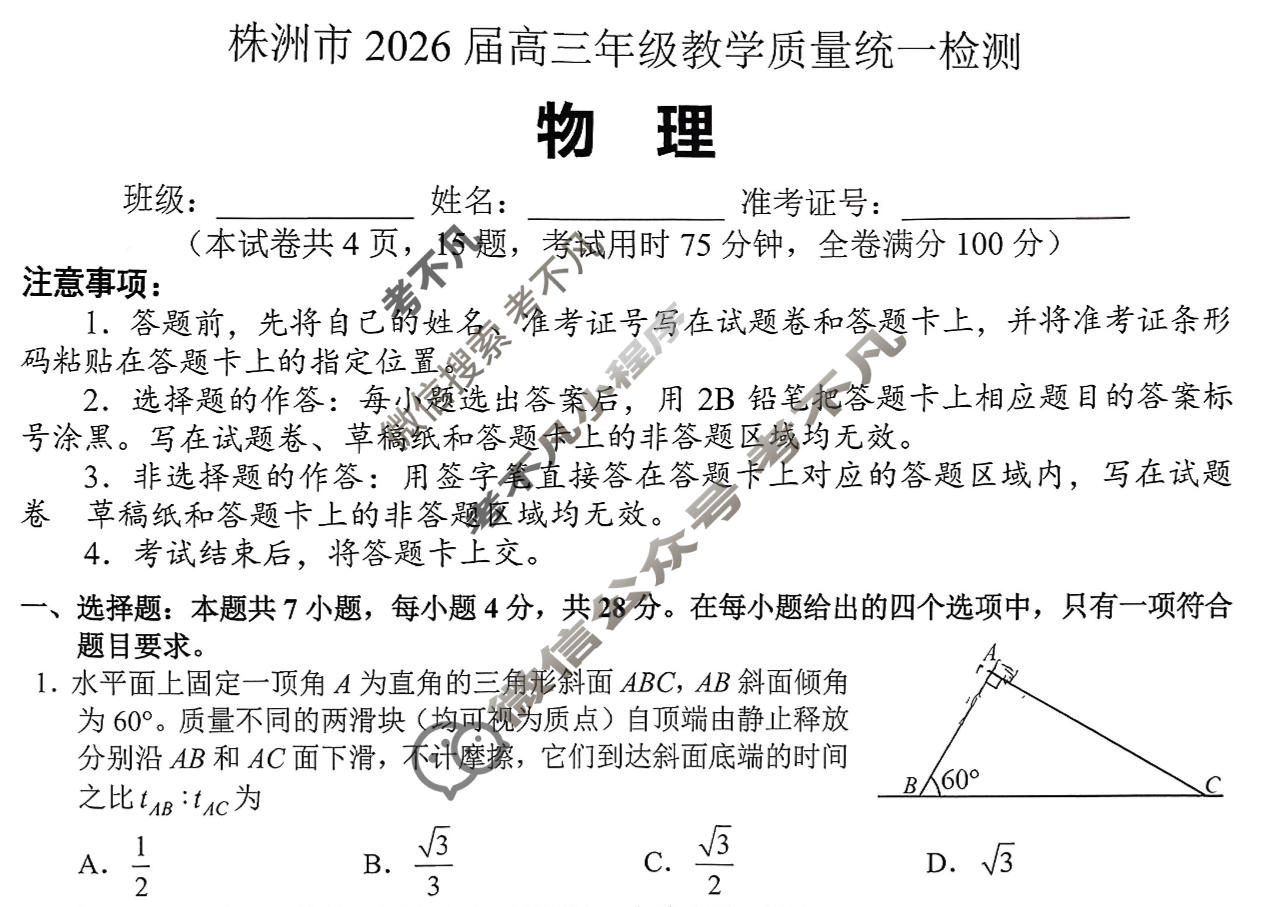 株洲市2026届高三年级教学质量统一检测物理试题