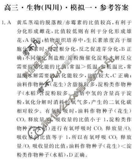[文海·黄冈八模]2026届高三模拟测试卷(一)1生物(四川)答案