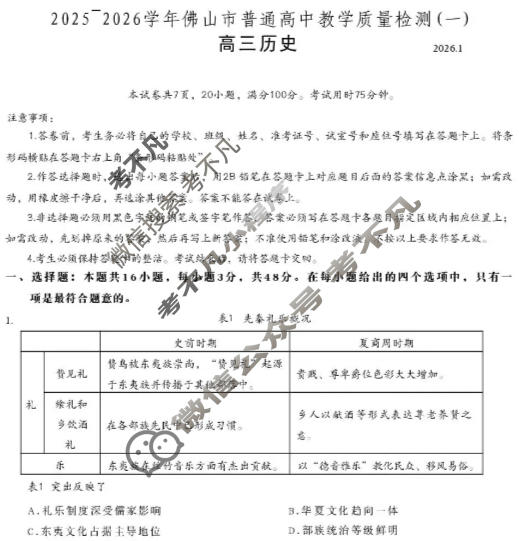 2025-2026学年佛山市高三普通高中教学质量检测(一)(1月)历史试题