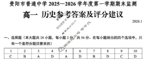 贵阳市普通中学2025-2026学年度高一第一学期期末监测(1月)历史答案