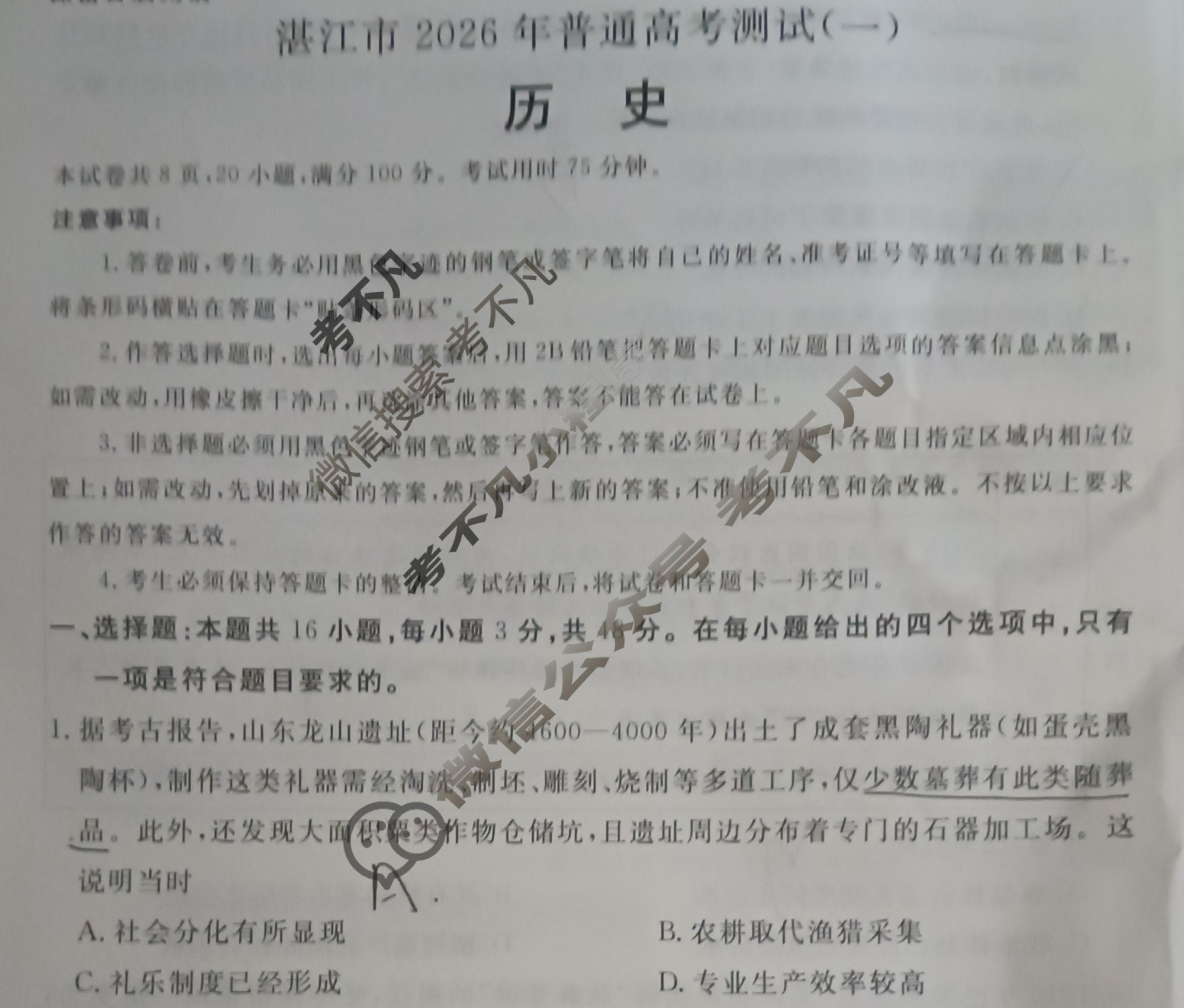 湛江市2026年普通高考测试(一)(1月)历史试题