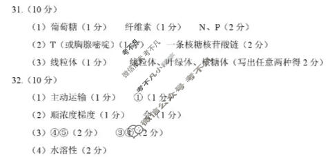 南充市2025-2026学年上期高中一年级学业质量监测(1.23)生物答案