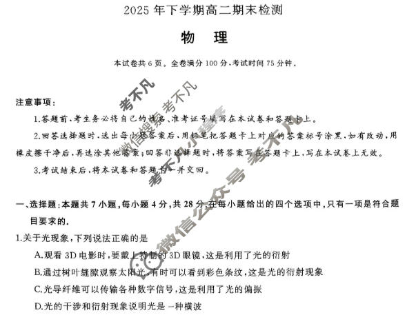 湖南省天壹2025年下学期高二期末检测(1月)物理试题