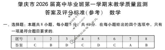 肇庆市2026届高中毕业班第一学期期末教学质量监测(1月)数学答案