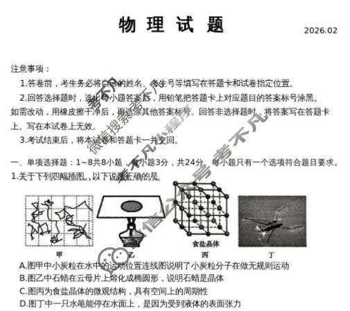 山东省泰安市2025-2026学年高三一轮检测(2月)物理试题
