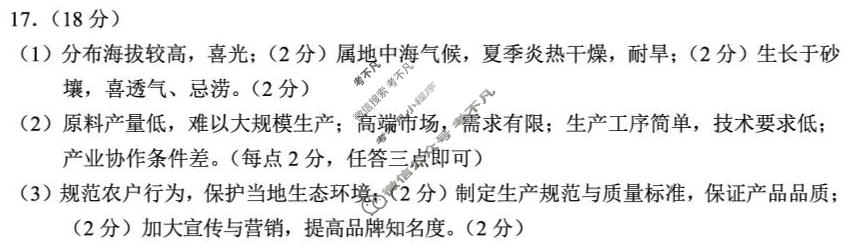 云南省普通高中2026届高三摸底诊断测试(2月)地理答案
