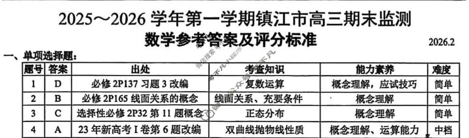 江苏省2025-2026学年第一学期高三"零模"(2月)数学答案