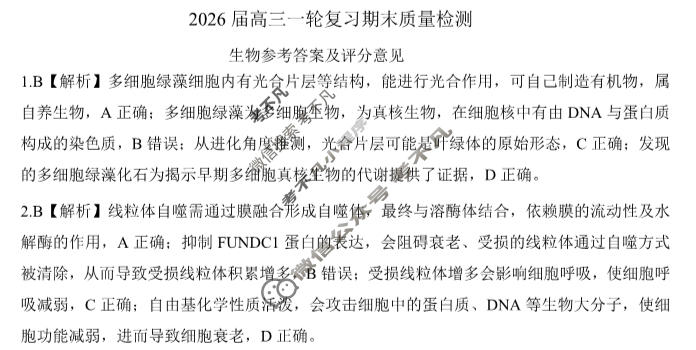 [百师联盟]2026届高三一轮复习期末质量检测(2.4)生物(百H)答案