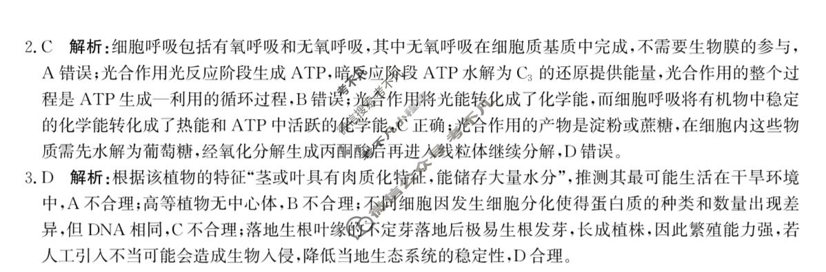 [神州智达]2025-2026学年高三巩固训练生物答案