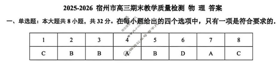 宿州市2026届高三教学质量检测(2月)物理答案