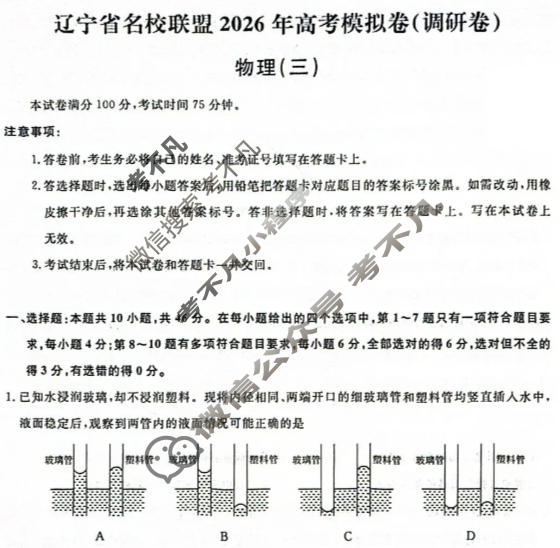 [辽宁省名校联盟]2026年高考模拟卷(调研卷)(三)3物理试题