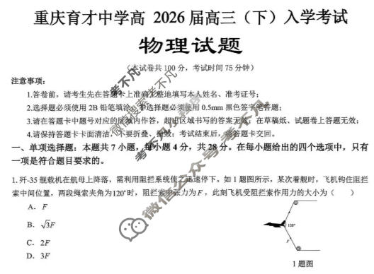 重庆育才中学高2026届高三下学期入学考试物理试题