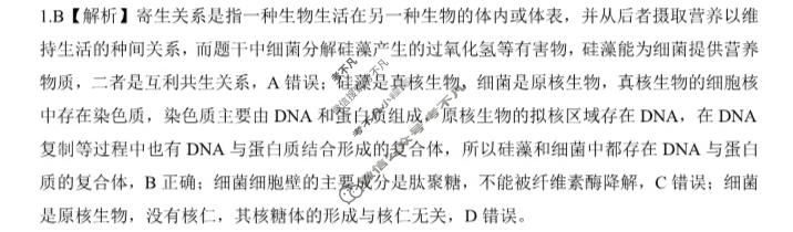 [百师联盟]2026届高三二轮复习联考(一)1生物(百L)答案